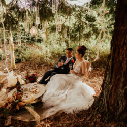 Bride and groom at luxury picnic in the forest